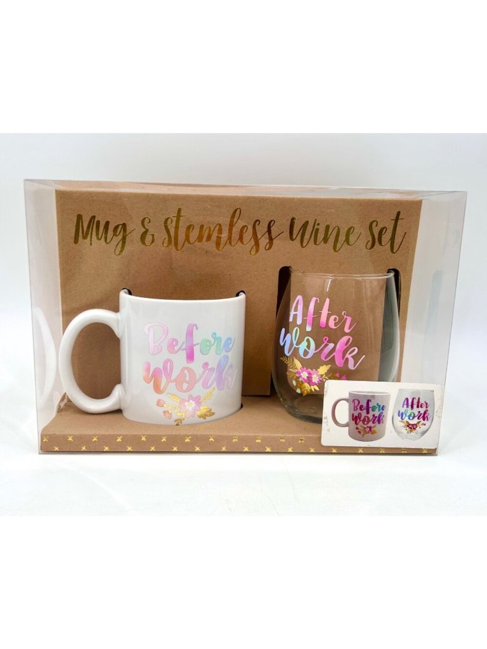 NIB MUG STEMLESS WINE BOX SET BEFORE AFTER WORK PASTEL FLORAL PRINT GIFT